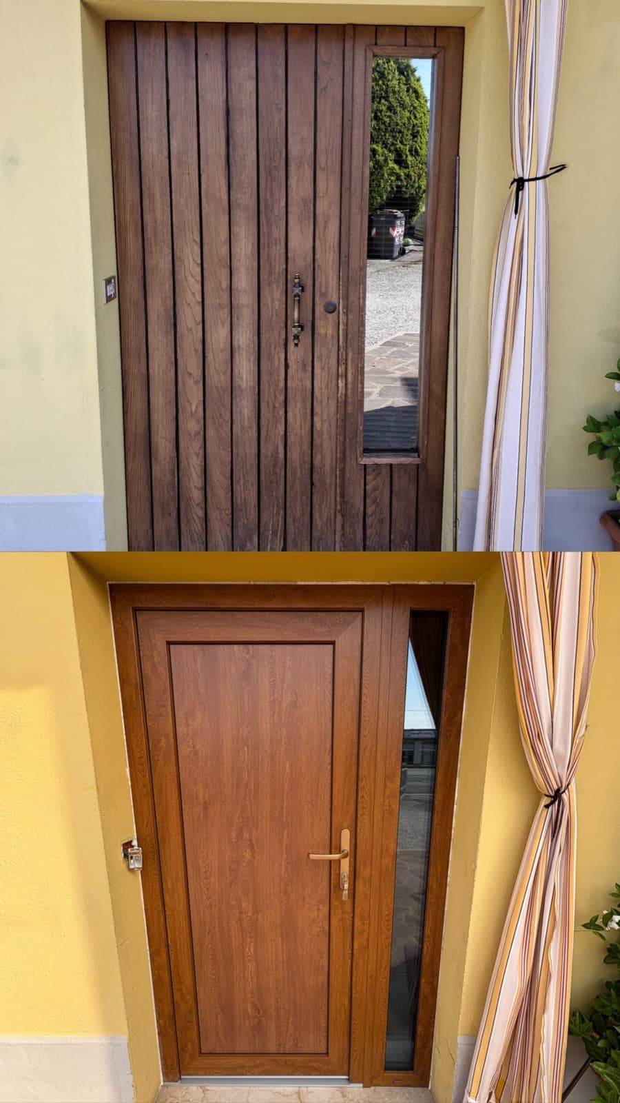 Sostituzione porta d'ingresso: prima in legno e dopo in PVC effetto legno
